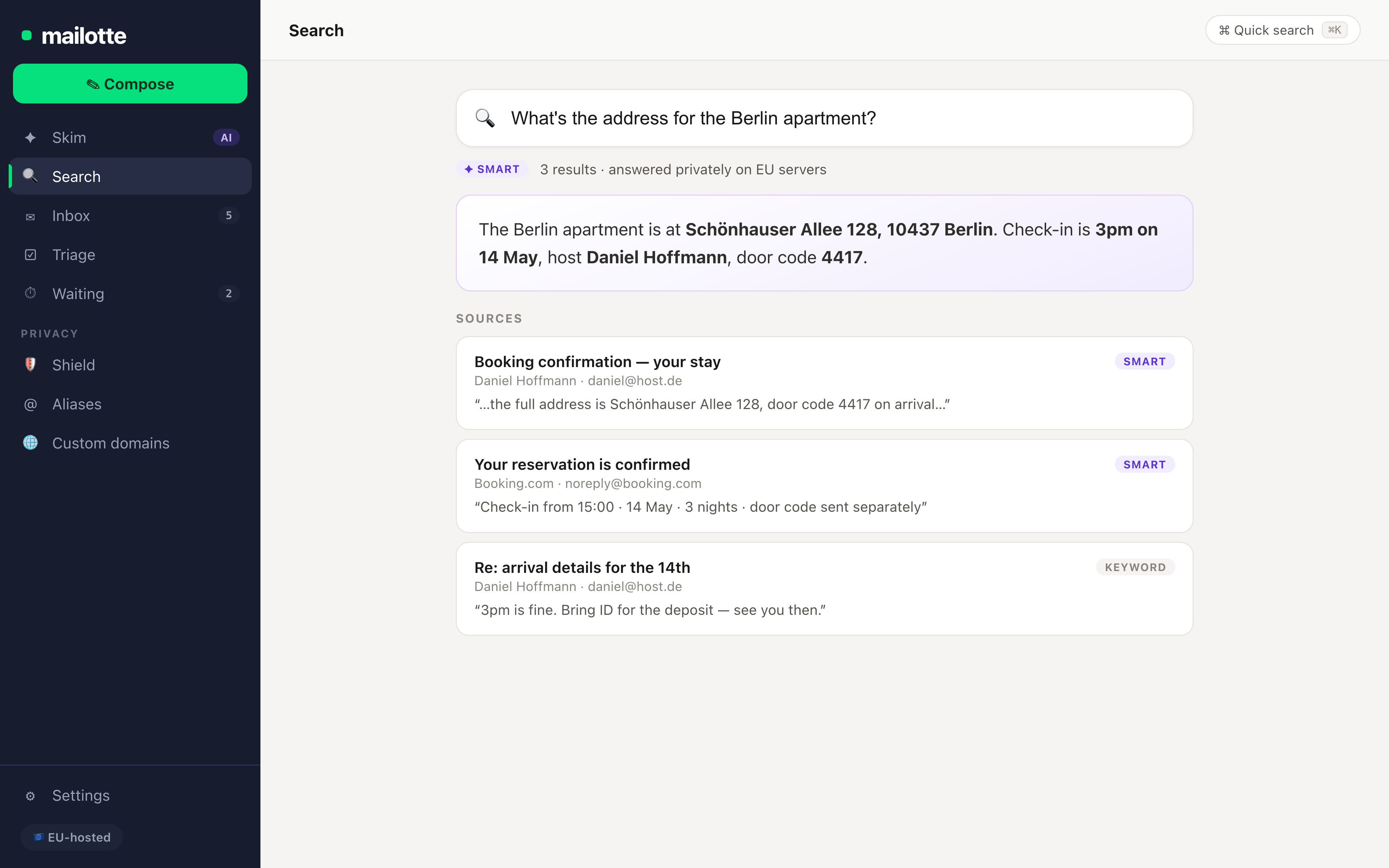 Ask answering a plain-language question with cited email sources
