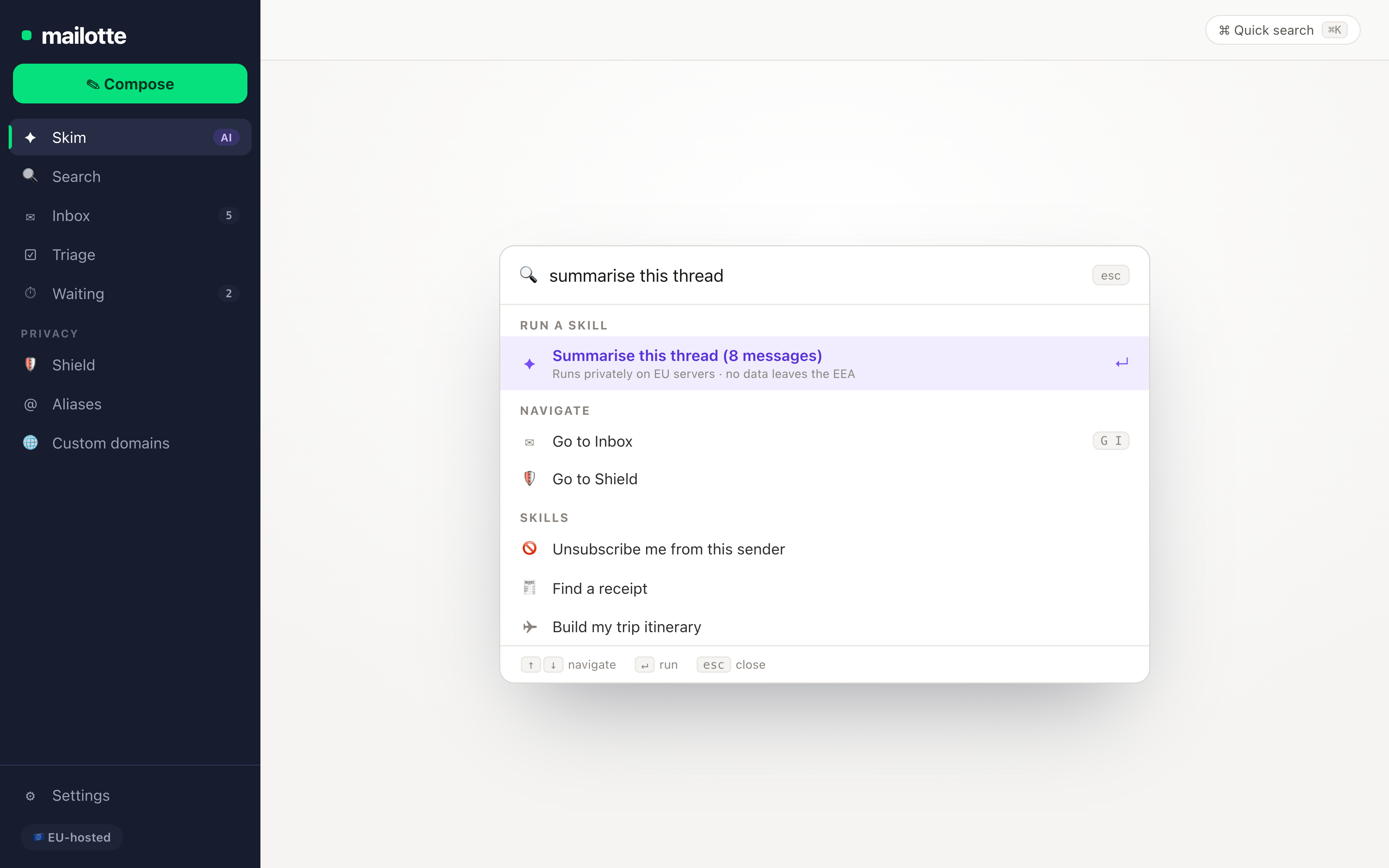 Skills launcher running a skill from the ⌘K bar
